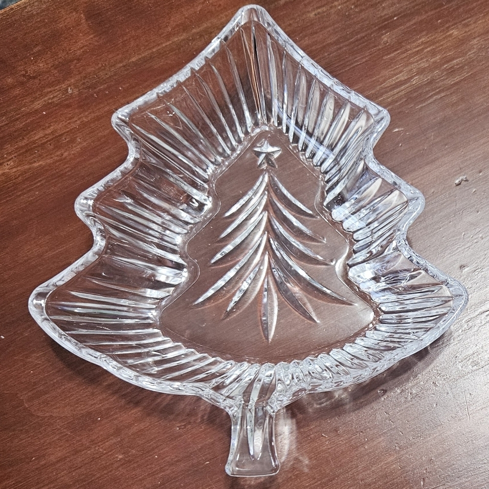 7.5" Mikasa Christmas Night Crystal Tree Shaped Dish Trinket Candy Nuts Dips
